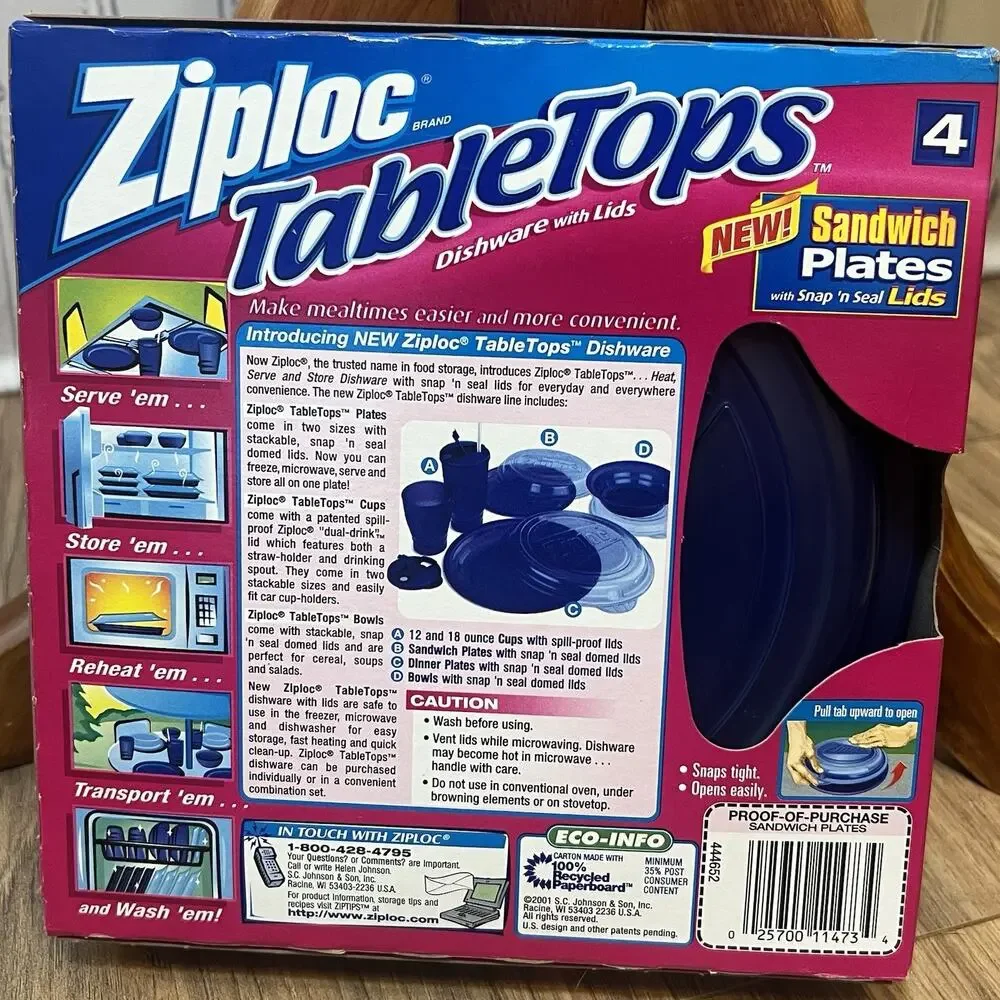 Ziploc TableTops Sandwich Plates & Snap ‘n Seal Lids NIB Sealed 4 Pack NEW